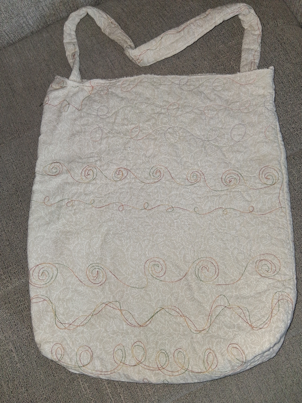 Quilted Cream Spiral-Embroidered Tote Bag Handmade 17x14"
